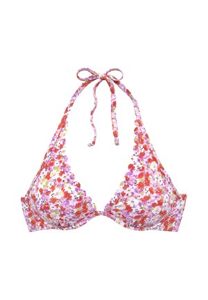 Floral-patterned halter bikini top with red, pink, white, and purple flowers, tied at the neck and scalloped edges on cups.