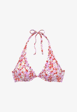Floral gemustertes Halter-Bikinioberteil mit roten, pinken, weißen und violetten Blumen, am Hals gebunden und mit gewellten Rändern an den Cups.