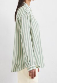 Camicia a righe in verde chiaro e crema, con colletto, maniche lunghe e vestibilità ampia, realizzata in tessuto morbido.