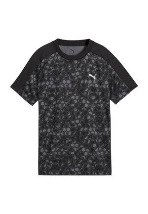 Sort kortærmet Puma-shirt med sekskantet mønster på forsiden og ensfarvede sorte ærmer, med lille hvid Puma-logo på venstre bryst.
