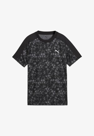 Camiseta negra de manga corta de Puma con patrón hexagonal en el frente y mangas negras lisas, con pequeño logo blanco de Puma en el pecho izquierdo.