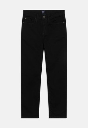 Jeans in denim nero con un design a gamba dritta classica, dotati di chiusura a bottone, stile a cinque tasche e dettagli di cucitura discreti.