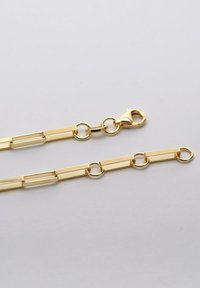 Goldene Kettenhalskette mit ovalen und rechteckigen Gliedern, versehen mit einem Karabinerverschluss auf einem schlichten hellen Hintergrund.