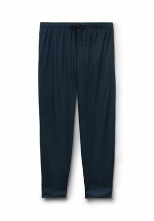 Navyblauwe casual broek met een elastische tailleband en trekkoord, taps toelopende pijpen en omgeslagen zoom, plat gelegd op een witte achtergrond.