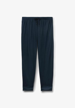 Navyblauwe casual broek met een elastische tailleband en trekkoord, taps toelopende pijpen en omgeslagen zoom, plat gelegd op een witte achtergrond.