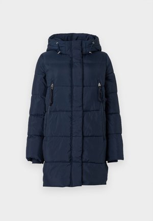 Marineblå puffjakke med hette, med glidelåslommer på sidene og et quiltet design. Laget av et glatt, lett materiale.