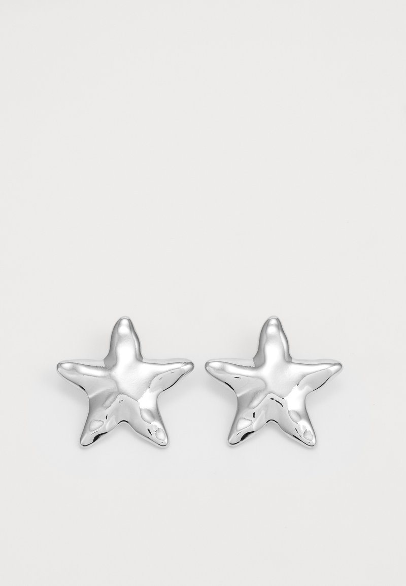 Orecchini a forma di stella argentata con superficie lucida e lucente. Ogni orecchino presenta cinque punte e sottili dettagli di texture sulla superficie.