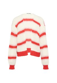 Witte gebreide cardigan met rode en koraalkleurige horizontale strepen, met een cropped ontwerp en geribbelde manchetten. Zachte textuur met een losse weving.