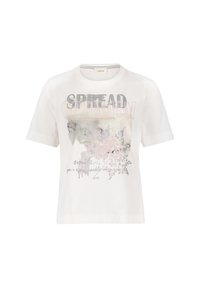 T-shirt bianco in cotone con maniche corte, caratterizzato da una grafica floreale e testo in grigio metallico e rosa. Collo rotondo, vestibilità comoda.