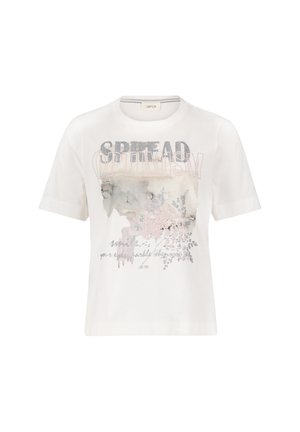 T-shirt en coton blanc à manches courtes, avec un graphisme floral et du texte en gris métallique et rose. Encolure ronde, coupe décontractée.