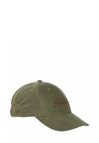 Gorra de canalé verde olivo con visera curva y texto bordado en la parte frontal. Presenta agujeros de ventilación y una correa ajustable en la parte posterior.