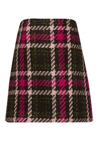 Jupe mini à carreaux en vert foncé, rose et blanc avec un tissage texturé. Présente une silhouette structurée et un motif à carreaux contrastant.