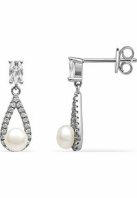 Silver hängande örhängen med en tårformad design, en vit pärla, en oval sten och små klara kristaller längs kanten.