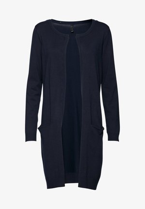 Langer marineblauer Cardigan aus weichem Strickstoff, mit Rundhalsausschnitt, offener Vorderseite, zwei seitlichen Taschen und gerippten Bündchen.