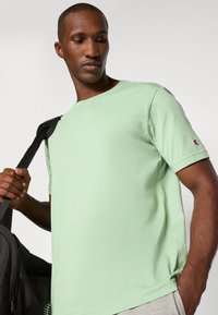 Hellgrünes T-Shirt mit kurzen Ärmeln aus weicher Baumwolle, mit Rundhalsausschnitt und kleinem Logo auf dem linken Ärmel. Lässiger Schnitt.