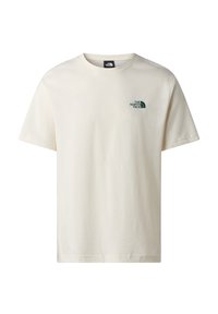 Hvid kortærmet T-shirt med rund hals og The North Face-logo i sort på venstre bryst.