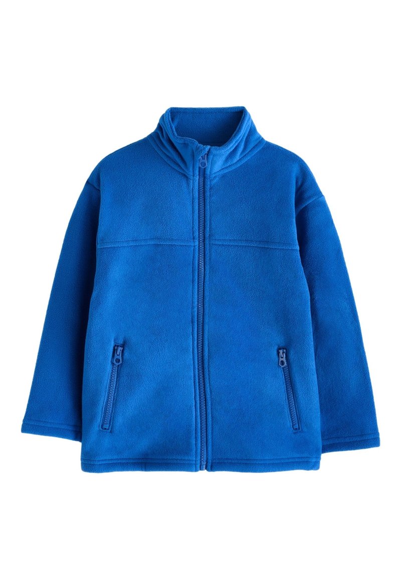 Veste polaire bleue à manches longues, col montant, fermeture éclair frontale et deux poches latérales zippées.