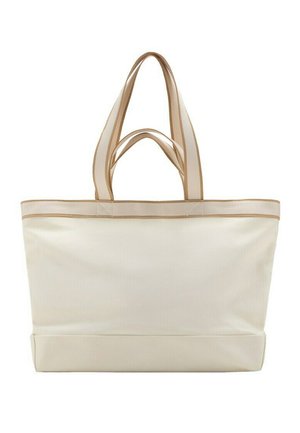 Elfenbeinfarbene Canvas-Tragetasche mit doppelten beigen Griffen und braunem Besatz entlang der oberen Kante, steht aufrecht vor weißem Hintergrund.