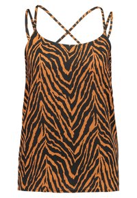 Camiseta sin mangas de patrón de cebra naranja y negra con tirantes finos entrecruzados y una tela suave y ligera.