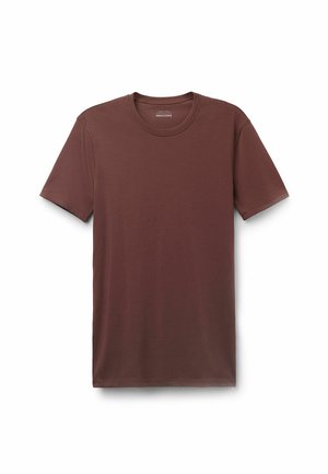T-shirt à col rond et manches courtes de couleur marron, fabriqué à partir d'un tissu doux avec une texture lisse, présentant une coupe standard et sans motifs ni accents visibles.