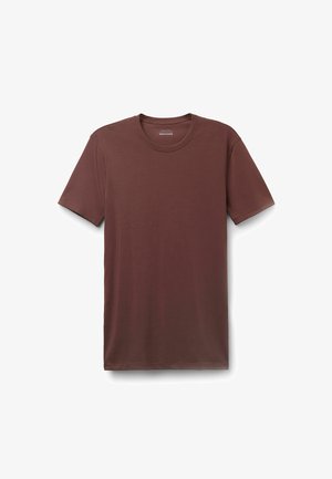 Braunes Kurzarm-T-Shirt mit Rundhalsausschnitt, hergestellt aus weichem Stoff mit glatter Textur, in einem Standardfit und ohne sichtbare Muster oder Akzente.