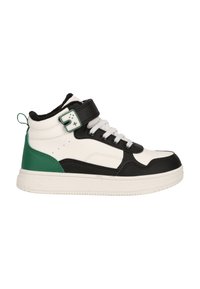 Høje sneakers lavet af hvidt, sort og grønt syntetisk læder. Har en sidelås, snørebånd og en tekstureret sål med en polstret krave.