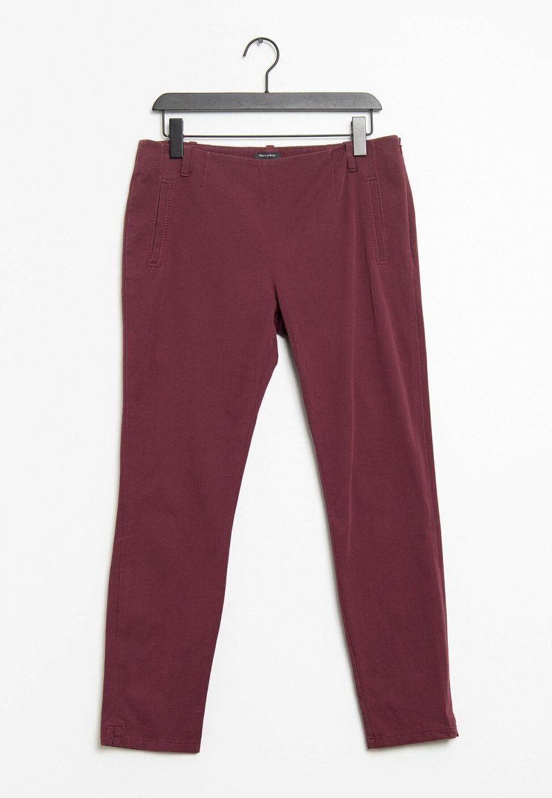 Pantalon slim bordeaux en mélange de coton, doté de deux poches avant, d'une texture lisse et d'un ourlet net avec une ceinture standard.