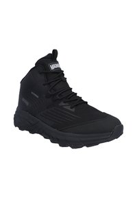 Schwarze, wasserdichte High-Top-Schuhe mit strukturierter Oberseite, verstärkter Zehe und flexiblem Sohlenbereich. Mit auffälligem Logo und Schnürdesign.