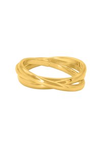 Anello in oro giallo a fascia intrecciata con una finitura liscia e lucida, composto da più fili intrecciati che creano una forma circolare continua.