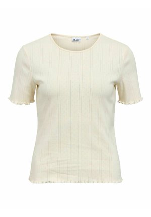 Kremfarvet kortærmet ribstrikket top med subtile lodrette striber og bølgede kanter ved ærmer og kant, rund halsudskæring.