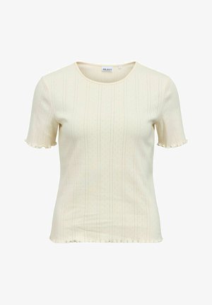 Crèmekleurige kortemouw ribgebreide top met subtiele verticale strepen en geschulpte randen aan mouwen en zoom, met ronde halslijn.
