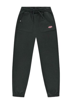 Zwarte trainingsbroeken van zacht materiaal met een elastische tailleband, verstelbaar trekkoord en twee voorzakken. Bevat een klein roze logo.