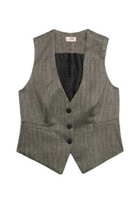 Damestailleervest met een grijs en zwart visgraatpatroon, drie zwarte knopen, V-hals en twee opgestikte zakken.