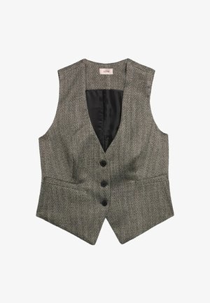 Chaleco de mujer entallado con patrón de espiga en gris y negro, tres botones negros, escote en V y dos bolsillos de ojal.