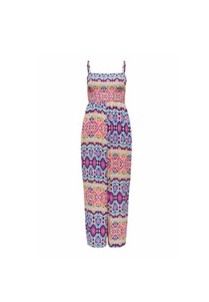 Jumpsuit colorido con un diseño estampado en rosa, púrpura y azul. Presenta tirantes finos y un corsé fruncido con piernas anchas.