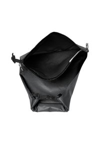 Borsa impermeabile nera con ampia apertura, interno testurizzato, fibbie regolabili e superficie liscia. Ideale per attività all'aperto.