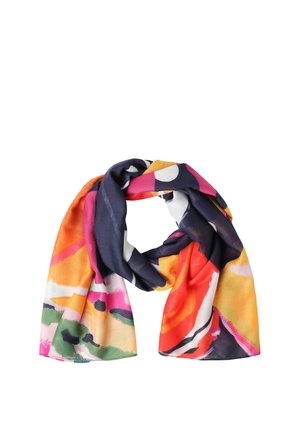 Écharpe avec motif abstrait multicolore comprenant bleu marine, orange, rose, jaune, vert et blanc, posée à plat avec des plis lâches sur fond blanc.