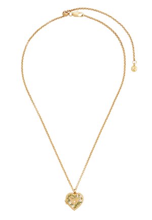 Złoty naszyjnik z łańcuszkiem i serduszkową zawieszką z kwiatowym wzorem emalii oraz małą perłą w centrum, z zapięciem na karabińczyk.