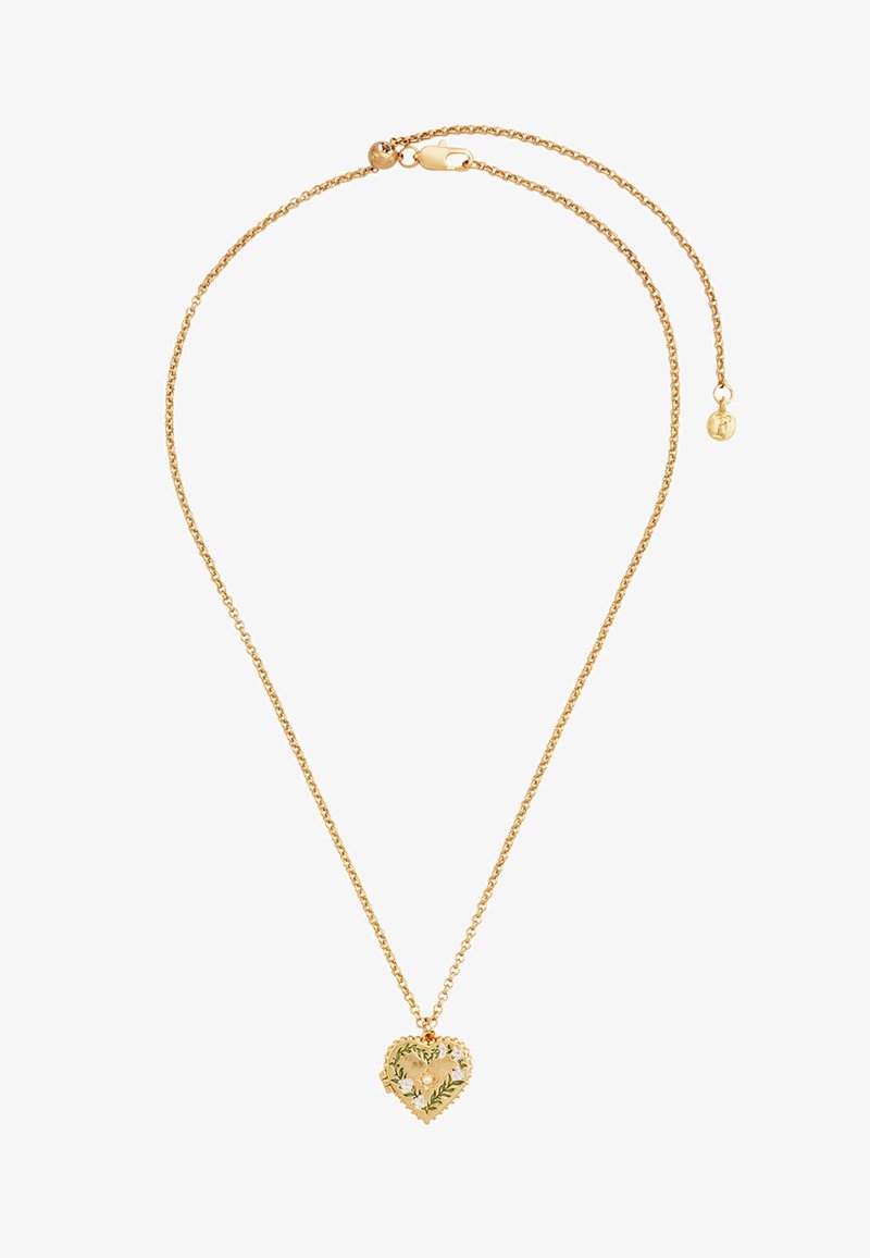Gold chain necklace with heart-shaped locket featuring floral enamel design and a small pearl at the center, lobster clasp closure.