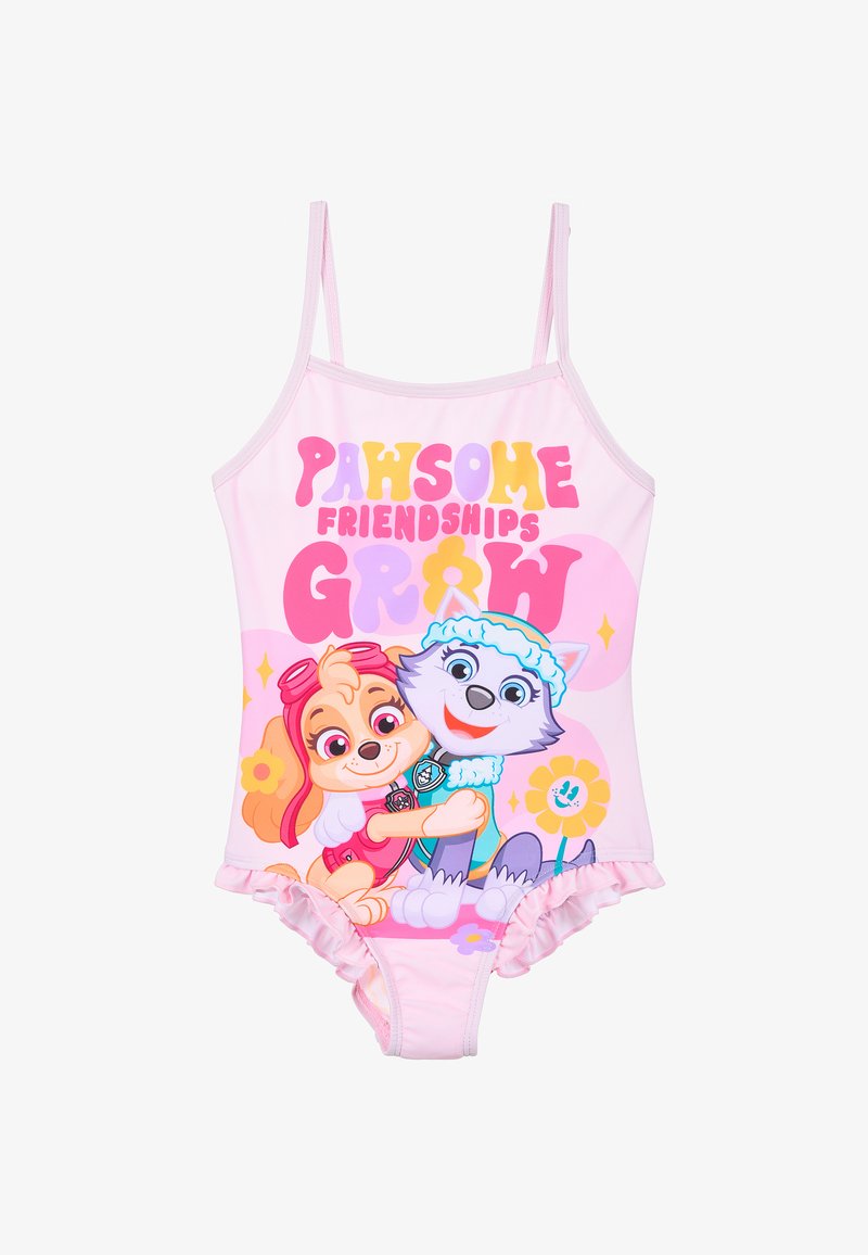 Rosa Badeanzug mit Spaghetti-Trägern, der eine bunte Grafik von zwei cartoonhaften Tieren, die sich umarmen, mit dem Text "PAWSOME FRIENDSHIPS GROW" zeigt. Mit Rüschensaum.