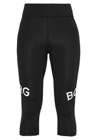 Czarne legginsy sportowe wykonane z elastycznego materiału, z wysokim stanem i białym logotypem "BORG" na lewej nogawce.