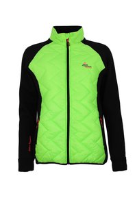Veste rembourrée avec un devant vert lime vif et des manches noires. Dotée d'un motif en chevrons, d'une fermeture éclair intégrale et d'accents orange sur les poches.