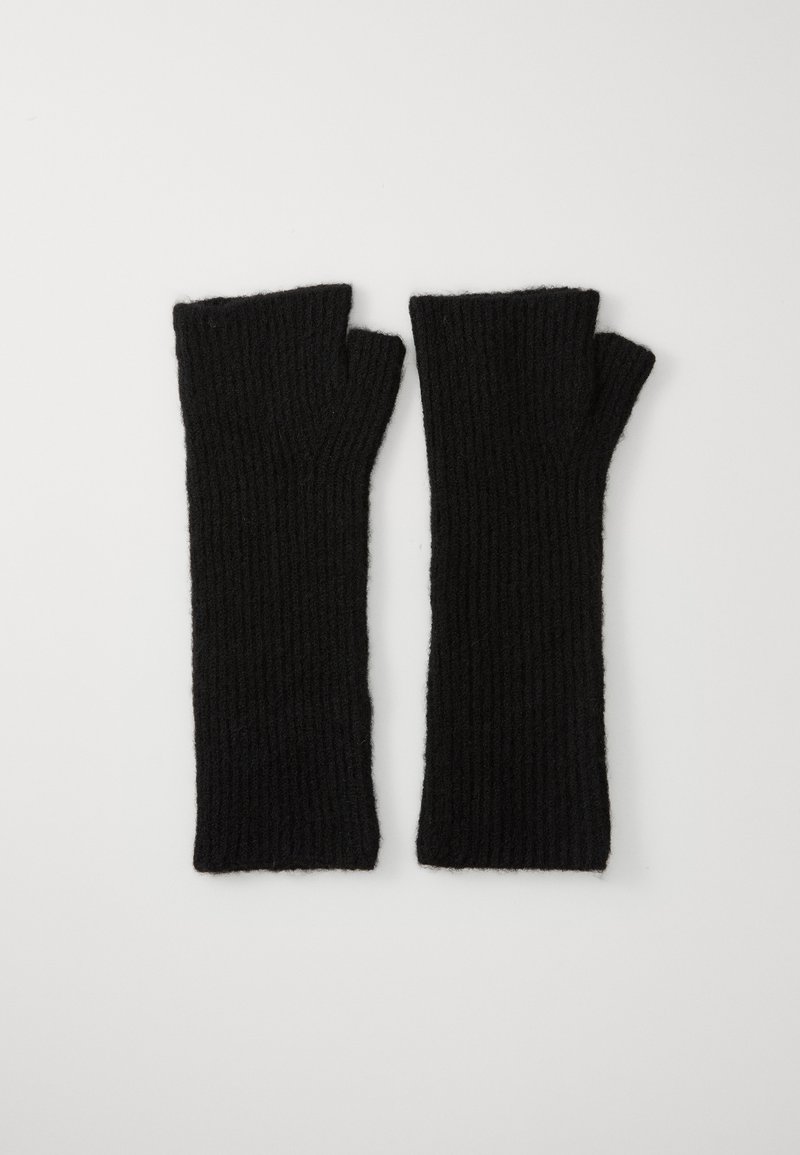 Gants sans doigts en tricot côtelé noir avec un design allongé, un matériau texturé et des bouts de doigts ouverts pour plus de dextérité.