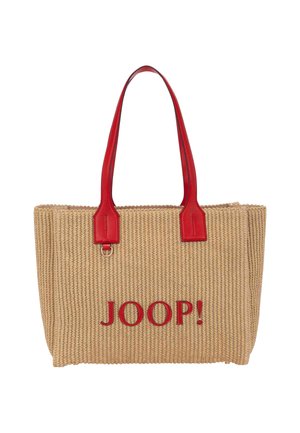 Beige vævet skuldertaske med røde læderhåndtag og rød "JOOP!" logo foran.