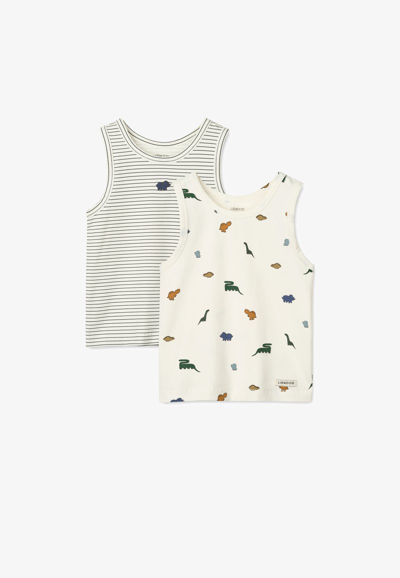 Divas bērnu bez Piedurknēm topi: viens balts ar daudzkrāsainiem dinozauru drukājumiem, un viens pelēks ar svītrām un mazu zilu logotipu.