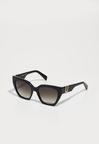Ochelari de soare negri, supradimensionați, cu lentile gradient, având o formă pătrată, brațe elegante și accente din metal de culoare aurie.