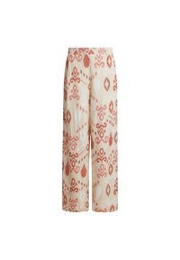 Wide-leg pants made of lightweight fabric, featuring a beige background with an abstract coral and white pattern. Flat waistband design.
