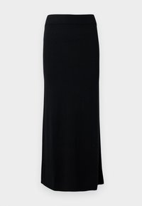 Svart, lang strikket skjørt med en sidelapp. Har en elastisk midjebånd og jevn tekstur. Enkelt, tettsittende design. Ingen synlige mønstre eller detaljer.