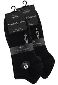 Chaussettes de sport pour hommes, noires, en coton, à texture côtelée, comprenant des étiquettes indiquant la taille 39-42 et un emballage pour quatre paires.