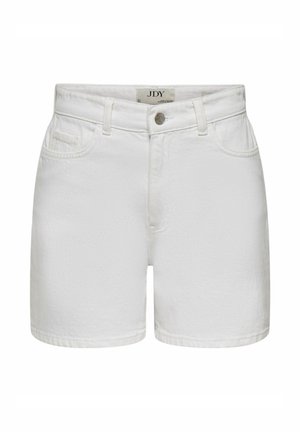 Hvide højtaljede denimshorts med frontknap, bæltestropper og forlommer, vist på en ensfarvet baggrund.